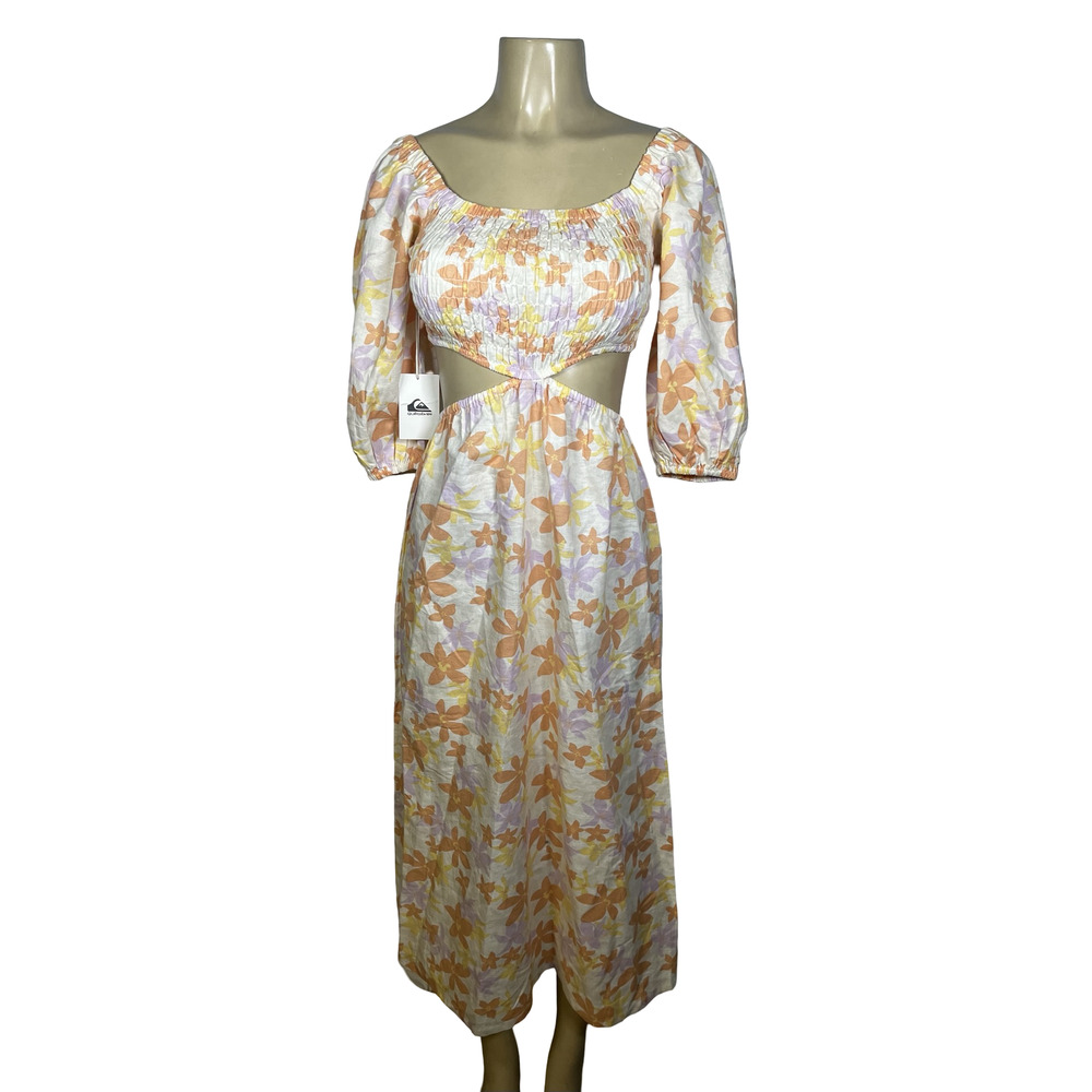 Quiksilver Kara Floral Cut Out Dress Womens Small‎ Off White Puff Sleeve Linen